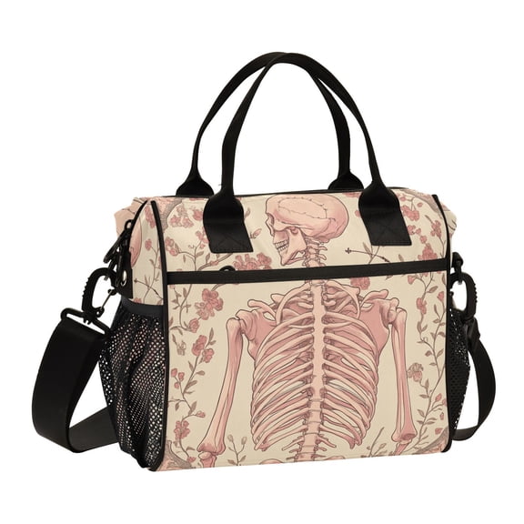 Ckdifva Pink Skeleton Flowers Cooler Bag Cooler Cooling Tote Lunch Bag Lunch Box Front Pocket with Shoulder Strap