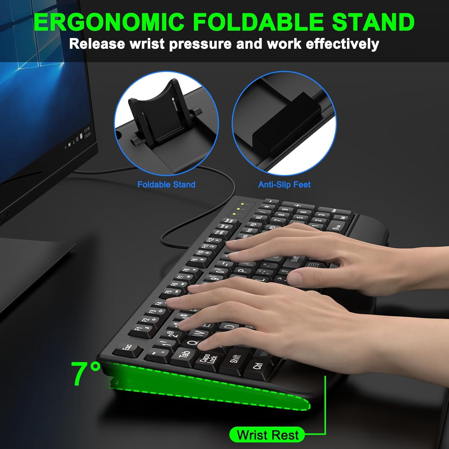 Large Print Ergonomic Keyboard, Full Size Keyboard with Wrist Rest, Silent Wired USB Computer Keyboard Oversized Letter Keys 4X Larger Easy to See & Type for Laptop, PC, Windows, Desktop
