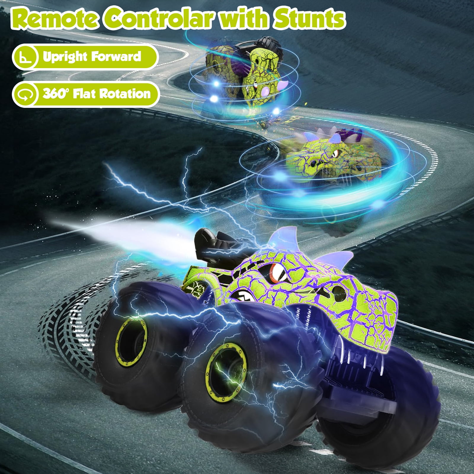Huge Wave Remote Control Cars for Boys, 2.4Ghz RC Dinosaur Toys for Boys 3-6, RC Monster Trucks with Light & Sound Spray, Birthday Christmas Gift for Boys 3 4 5 6 7 8, Green