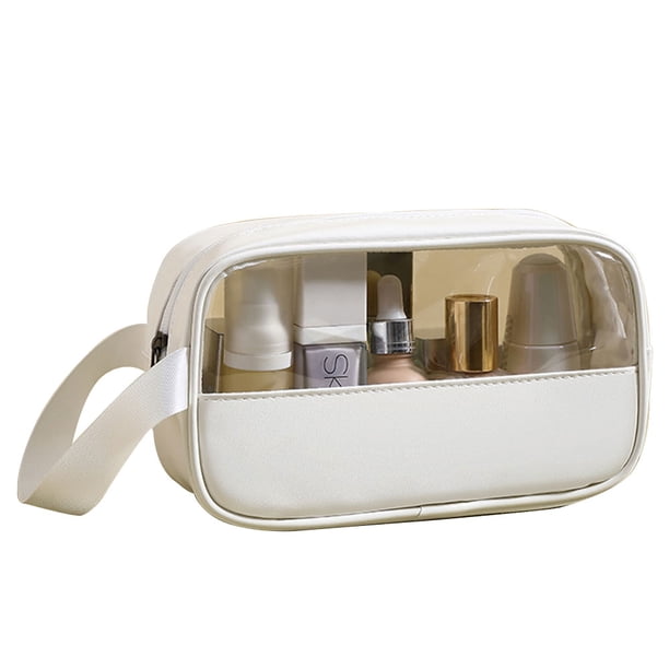 Bolsa de cosméticos pequeña con costuras transparentes, bolsa de cosméticos de baño de PVC, PU, impermeable, de gran capacidad, color blanco