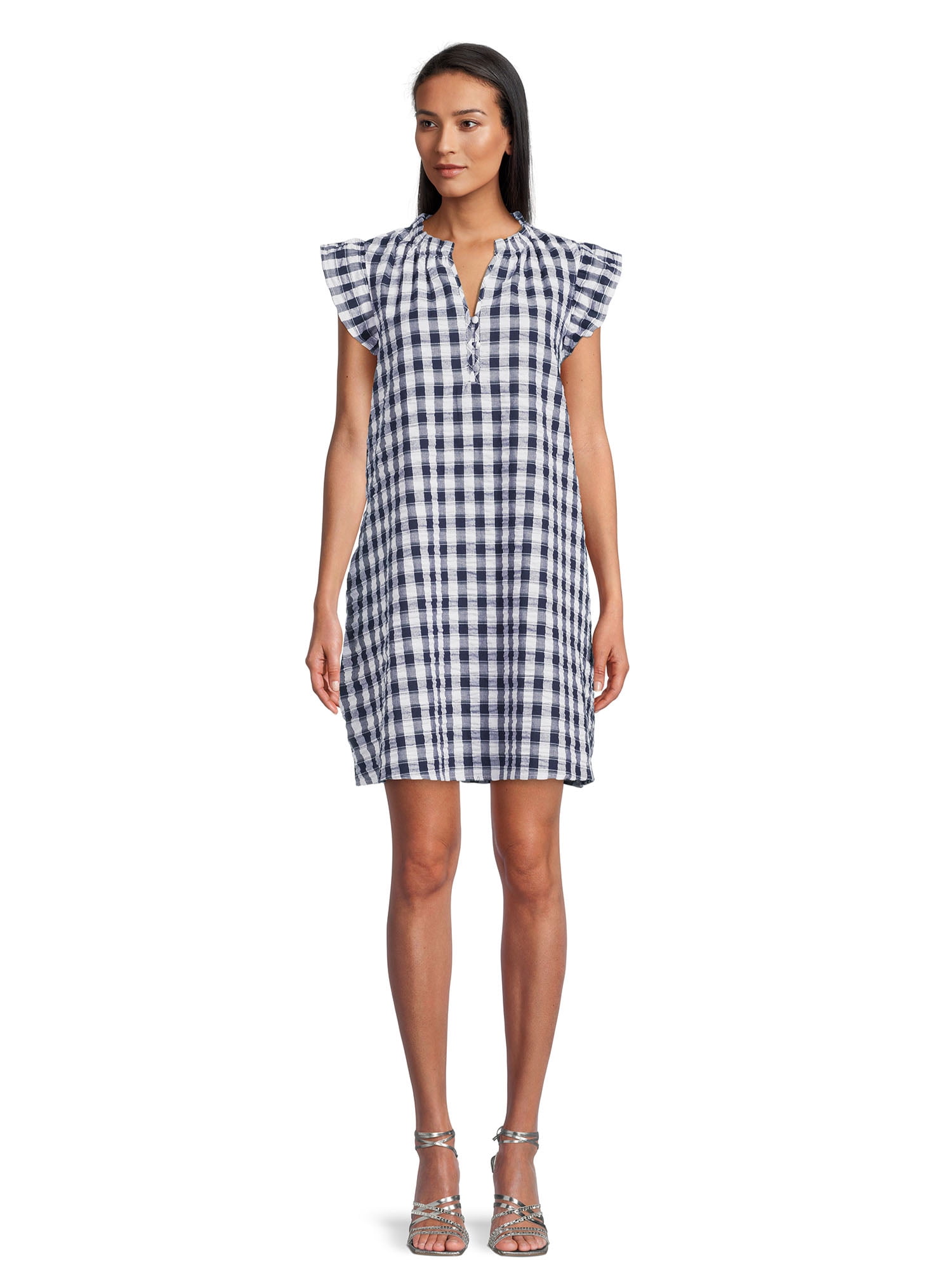Time and Tru Women's Ruffle Collar Dress with Flutter Sleeves, Sizes XS-XXXL