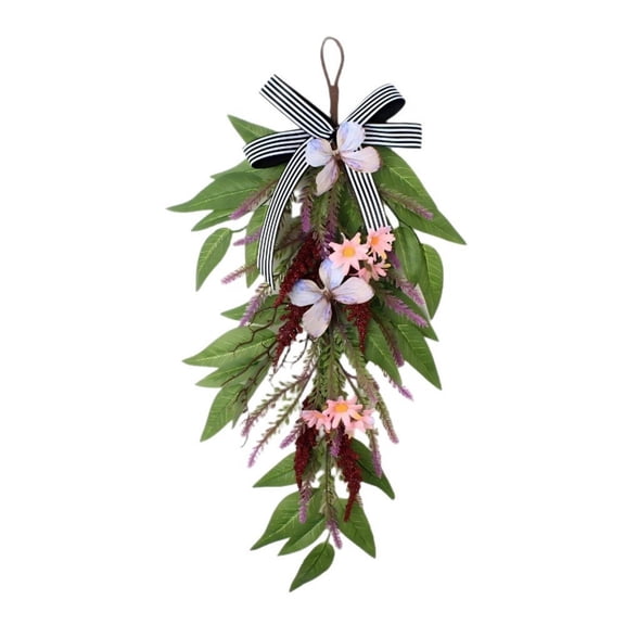 ToyKingdee Artificial Floral Hanging Door Swag with Striped Bow, Spring and Holiday Decor for Front Door and Home Walls