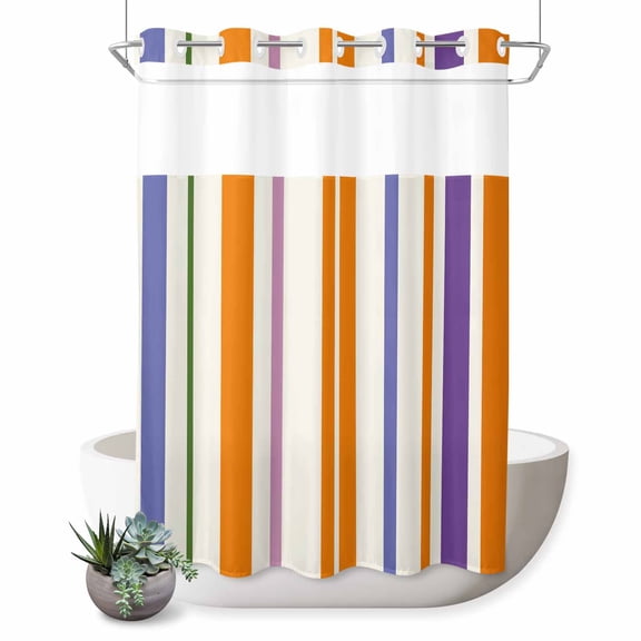 No Hook Shower Curtain, Burnt Orange Striped Shower Curtains for Bathroom with See Through Top Window, Farmhouse Thin Line Modern Abstract Art Waterproof & Washable Bath Curtain Stall 48"x72"