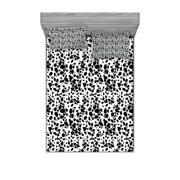 Ambesonne Animal Fitted Sheet & Pillow Sham Set, Puppy Spots Fur, Full, White Black