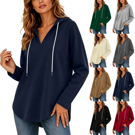 Winter Womens Sweatshirt Solid Hooded Drawstring Pullover Casual Long Sleeved Loose Curved Hem Fleece Fall Fashion Outfits Workout Sweatshirts