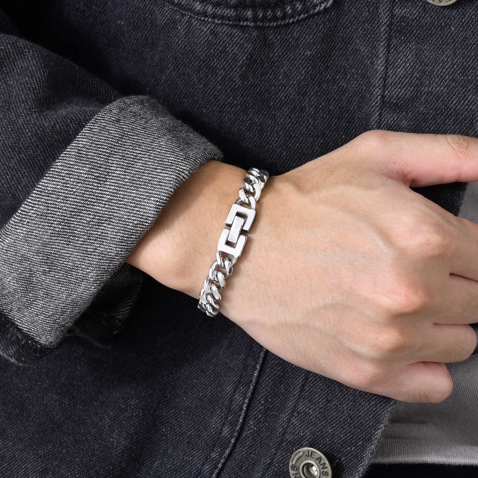 9MM Wide Cuban Chain Bracelets for Men, Waterproof 14K White Gold Links Wristband, pulseira masculina