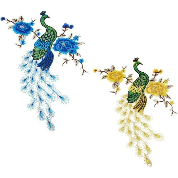 1 Set 2Pcs 2 Colors Flower and Peacock Pattern Polyester Fabric Computerized Embroidery Cloth Sew on Appliques Costume Cheongsam Accessories Mixed Color 400x305x1mm 1pc/color