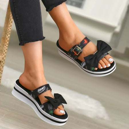 

YTJX Ladies Fashion Summer Print Cloth Bow Wedge Platform Sandals And Slippers