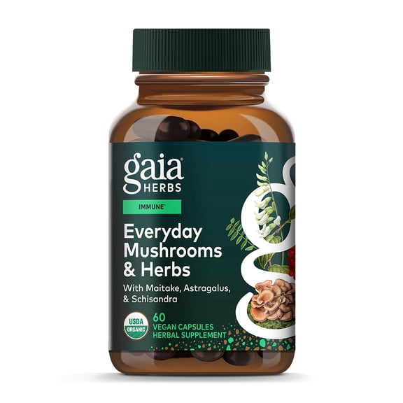 Gaia Herbs Everyday Mushroom & Herbs - Mushroom & Herbal Support Supplement to Help Aid Overall Wellness* - With Turmeric, Astragalus, Schisandra, Cordyceps, Chaga - 60 Vegan Capsules (60 Servings)