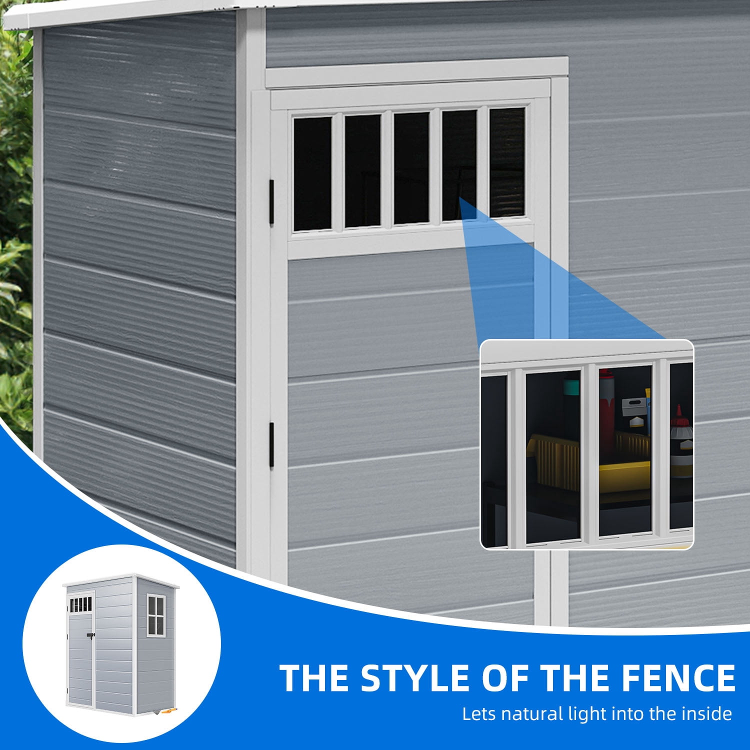 Uforic 5x3FT Outdoor Storage Shed with Windows, Floor, Lockable Doors, Waterproof Plastic, Gray