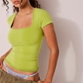 thumbnail image 1 of Camiseta Camisa básica de mujer Color sólido Top sin costuras Cuello cuadrado Ropa informal de calle Traje Ygjytge Verde S para Mujer, 1 of 8