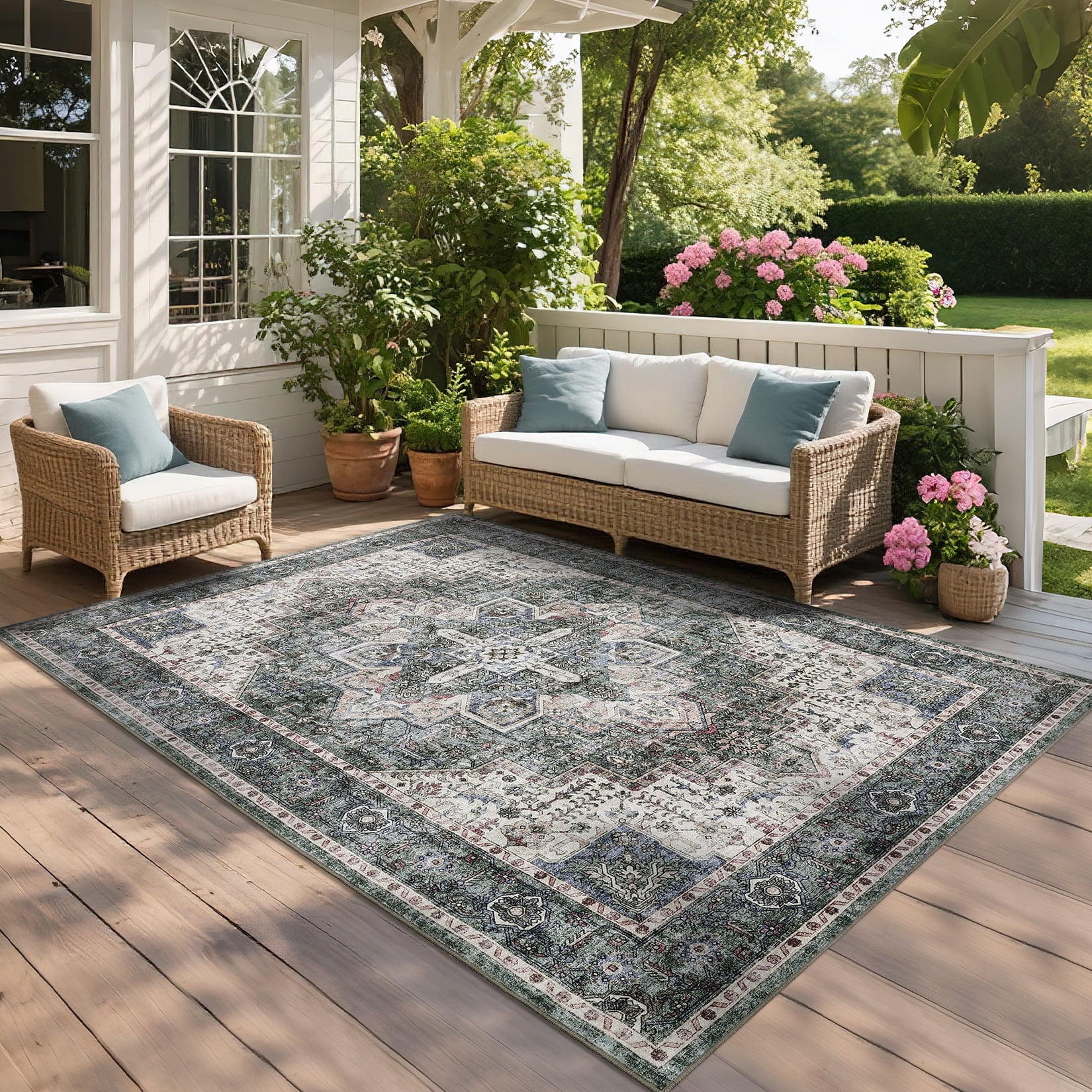 FairOnly Green 10'x13'Extra Large Vintage Rugs for Living Room Low Pile Non Slip Oritental Style Stain Resistant Area Rug for Bedroom