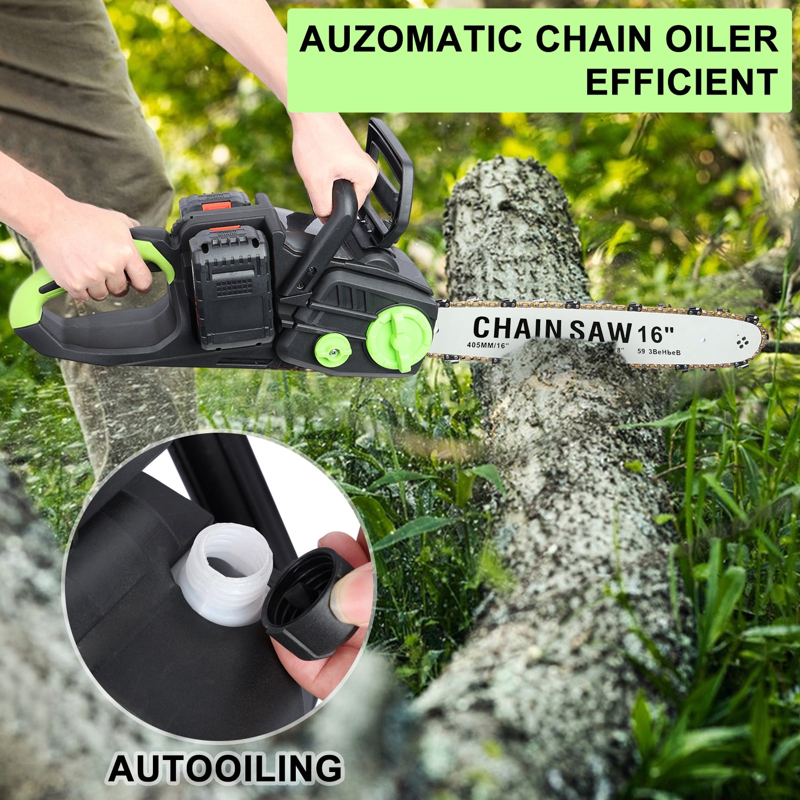 Cordless Chainsaw, 16Inch Brushless Motor Electric Chainsaw, Battery Powered Chainsaw with 2 Batteries, Auto-Lubrication Chain Saw for Tree Felling, Pruning, Logging and Firewood