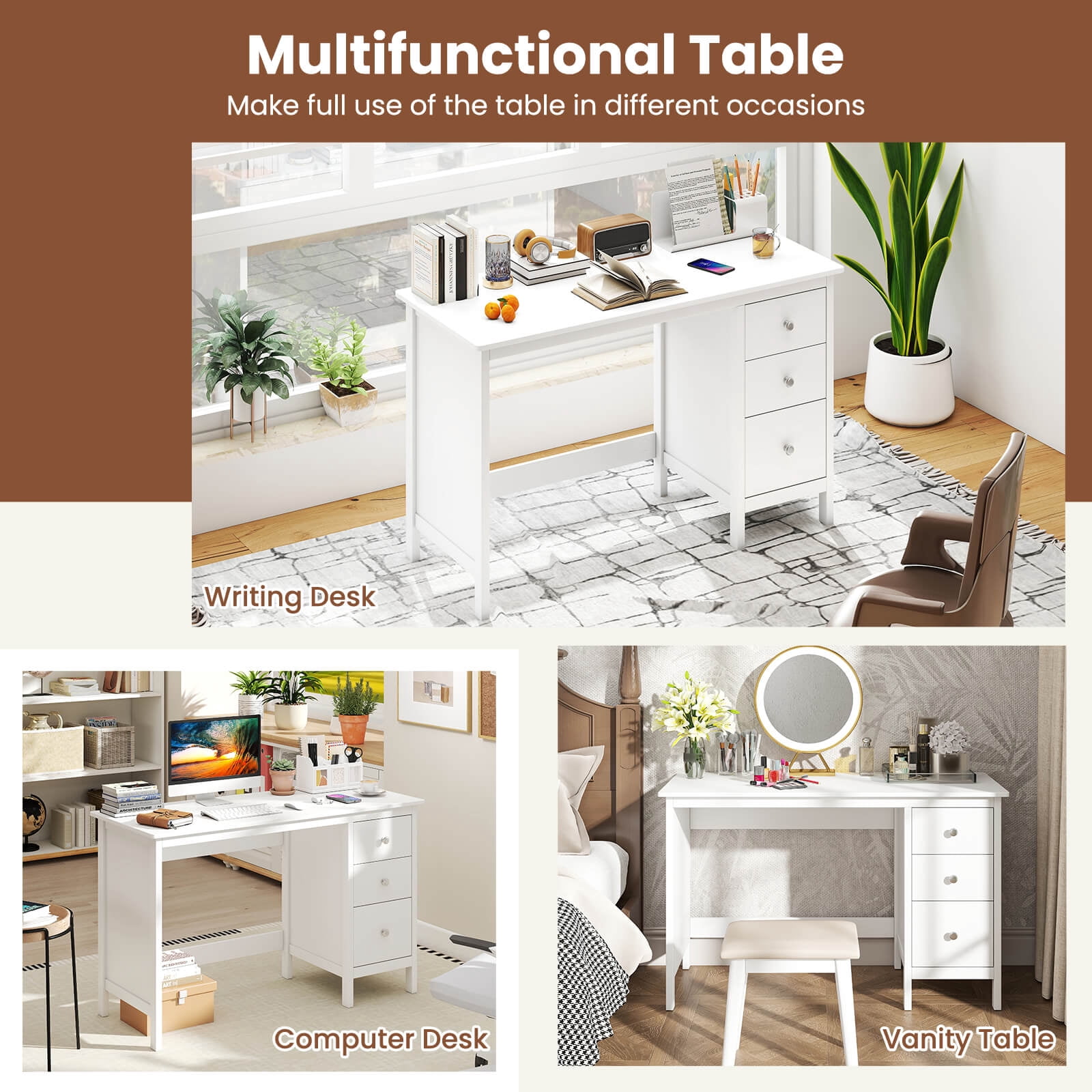 Costway Computer Desk with 3 Drawers 48" Wide Writing Desk with Storage Anti-tip Kit White