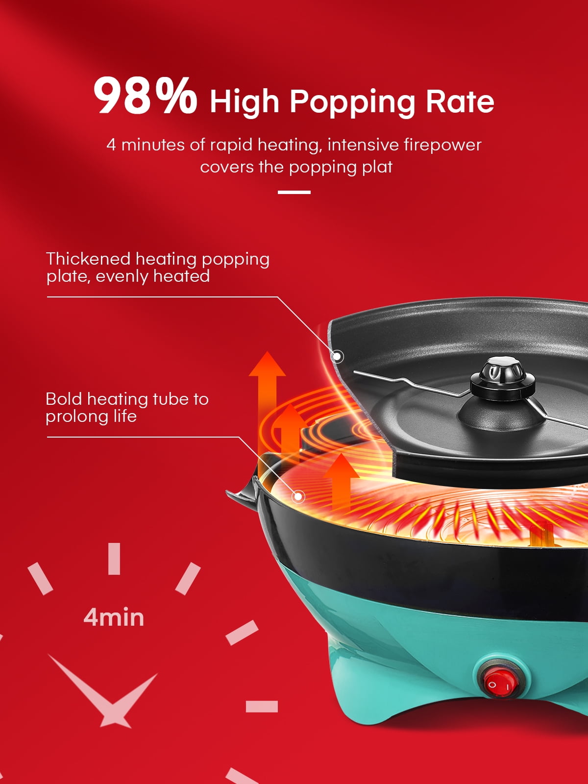 Electric Hot Oil Stirring Popcorn Maker，800W Popcorn Popper  Machine with Measuring Cups and Large Lid, 6 Quart, Red, 34*29*13cm,  RH-906: Home & Kitchen