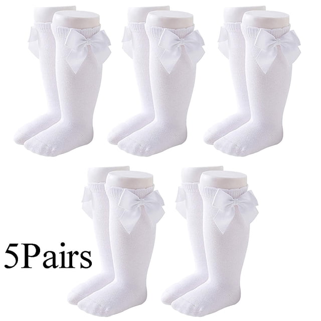 Xiao Hua Conjunto de 5 calcetines hasta la rodilla para niñas, calcetines largos con lazo, color blanco (0-1 año)