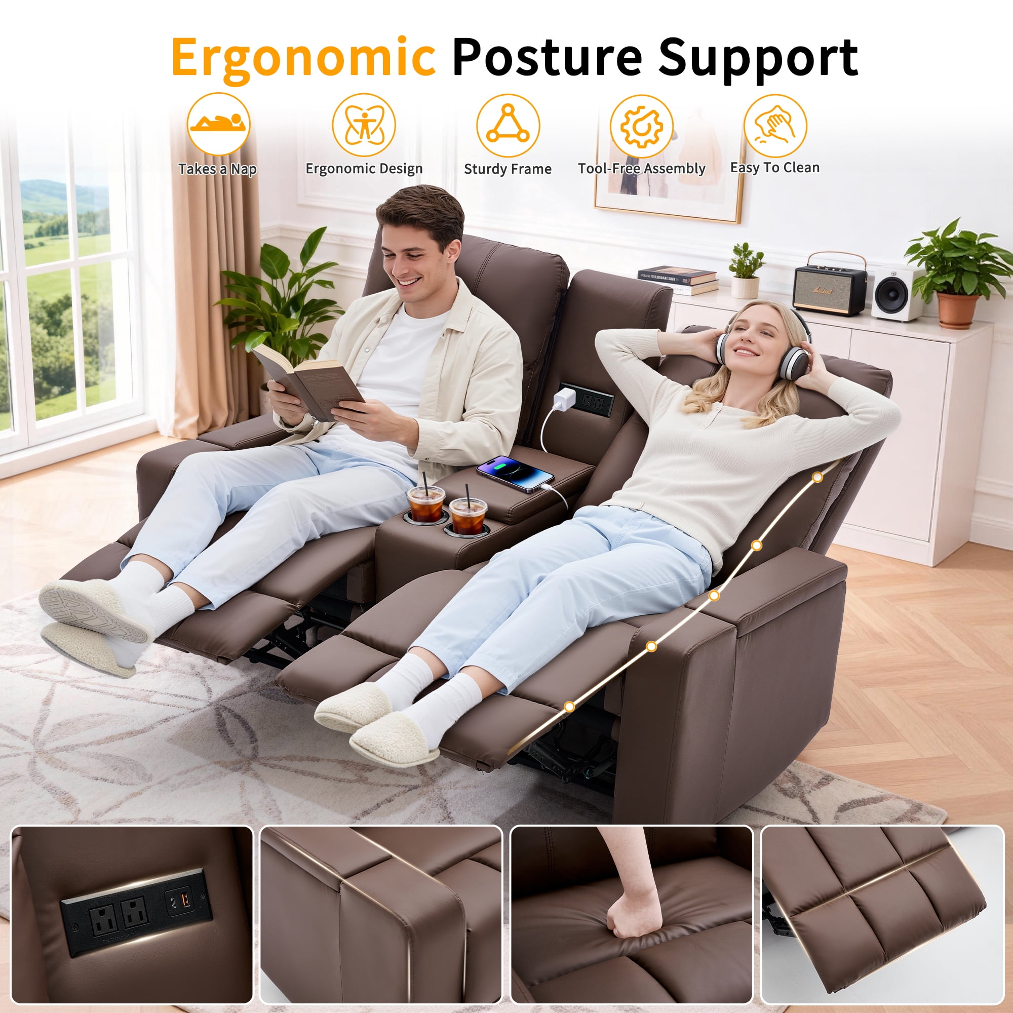 Korser Reclining Loveseat with Cup Holders,2-Seater Recliner Sofa with USB Ports & Type C Double Manual Recliner Chair for Living Room,Faux Leather,Brown