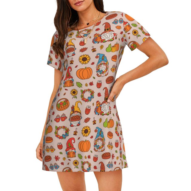 Disketp Fall Thanksgiving para Camisón Corto de Manga Corta para Mujeres, Camisón Cómodo con Escote Redondo, Bonito y Confortable