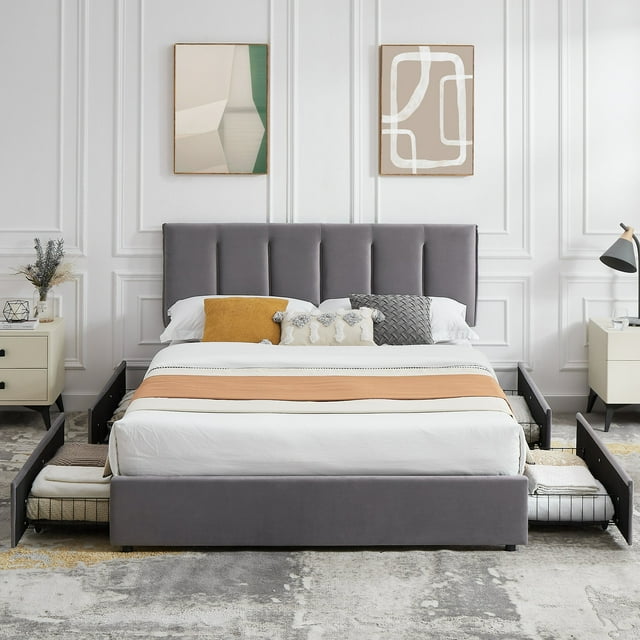 VECELO Queen Size Bed Frame with 4 Storage Drawers, Modern Upholstered Platform Bed with Adjustable Headboard, Wood Slat Support/Easy Assembly, Dark Gray