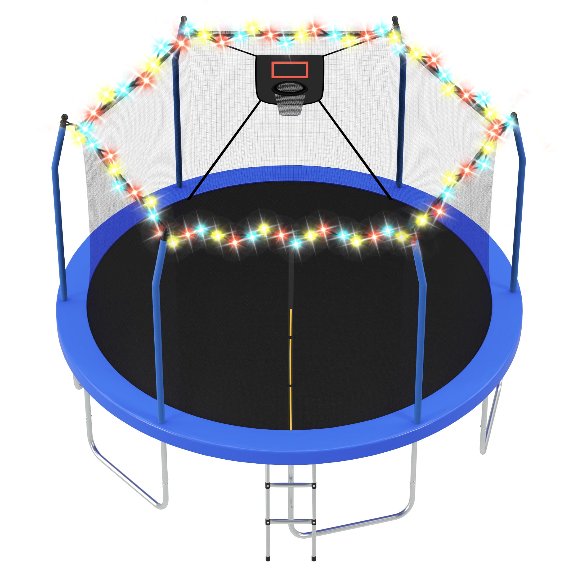 EUROCO 14FT Trampoline for Kids and Adults with Lights, Basketball Hoop, Enclosure Net & Ladder, Outdoor Round Trampoline, Easy to Assemble