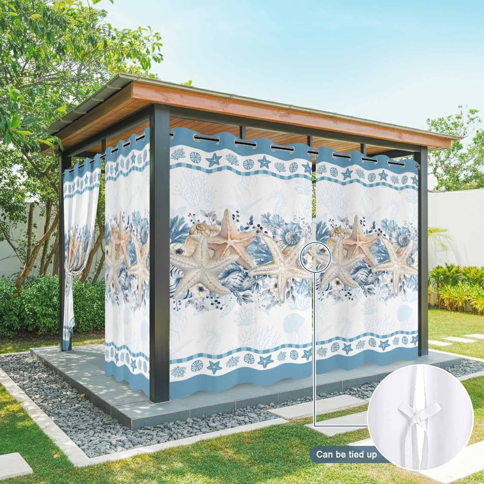 Blue Coastal Outdoor Curtains for Patio, Eucalyptus Leaves Starfish Shells Summer Sunshade Privacy Drapes Grommet Waterproof Outside Curtains for Porch/Cabana/Balcony 54"x 108", 1 Panel