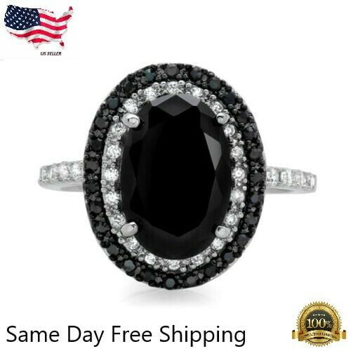 925 Silver Oval Cut Black Sapphire Zircon Wedding Band Ring Jewelry Size 5-12 