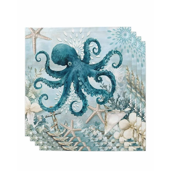 nqOlkjepod Octopus Blue Cloth Napkins Set of 4 Reusable Dinner Napkins, Coastal Starfish Nautical Anchor Flower Cocktail Napkin Washable Table Napkins for Wedding/Holiday Party/Baby Shower 20"x20"