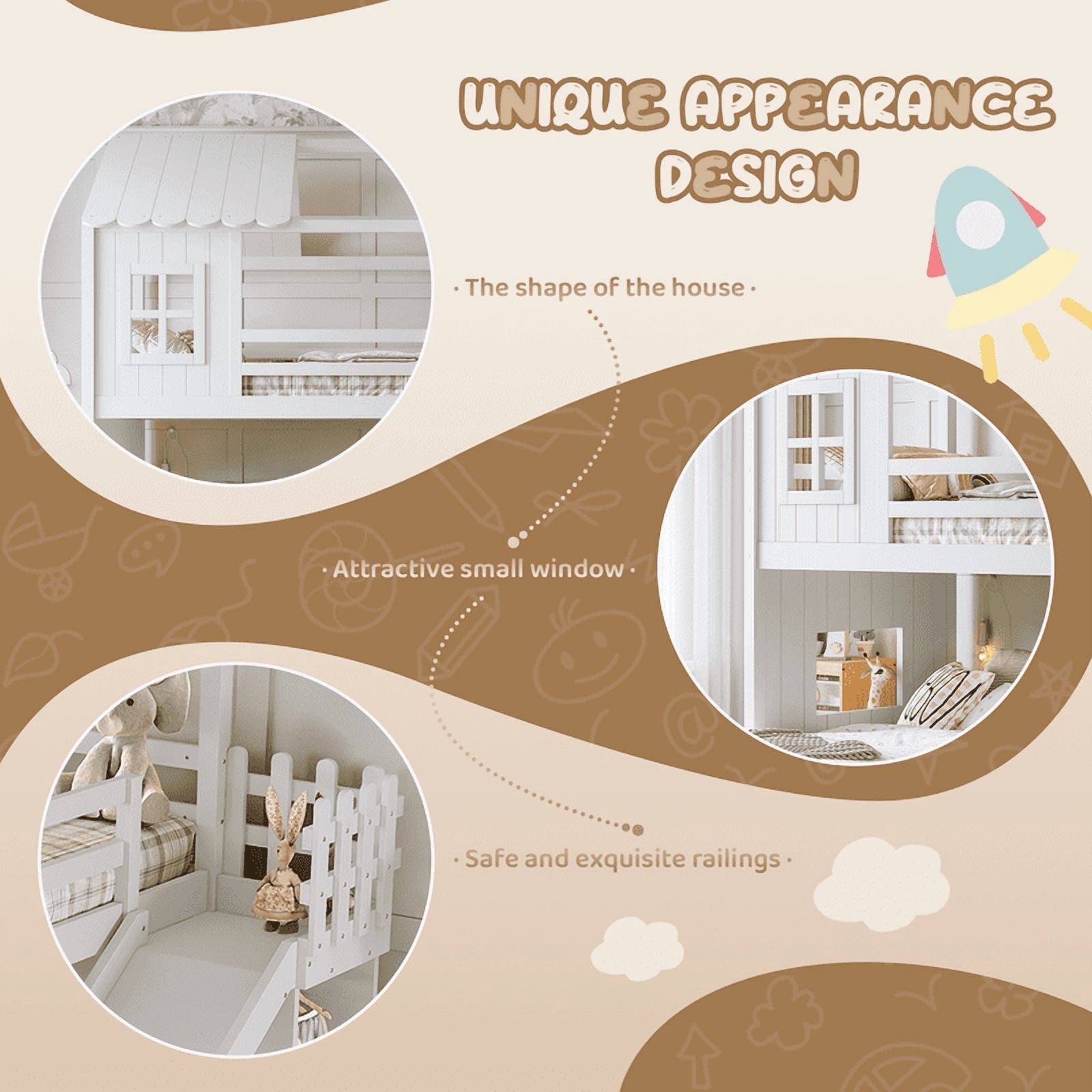 Twin Over Full House Bunk Bed with Slide and Ladder, Kids House Floor Bunk Bed with Storage Shelves and Wardrobe, Playhouse Design, Solid Wood Frame, No Box Spring Needed