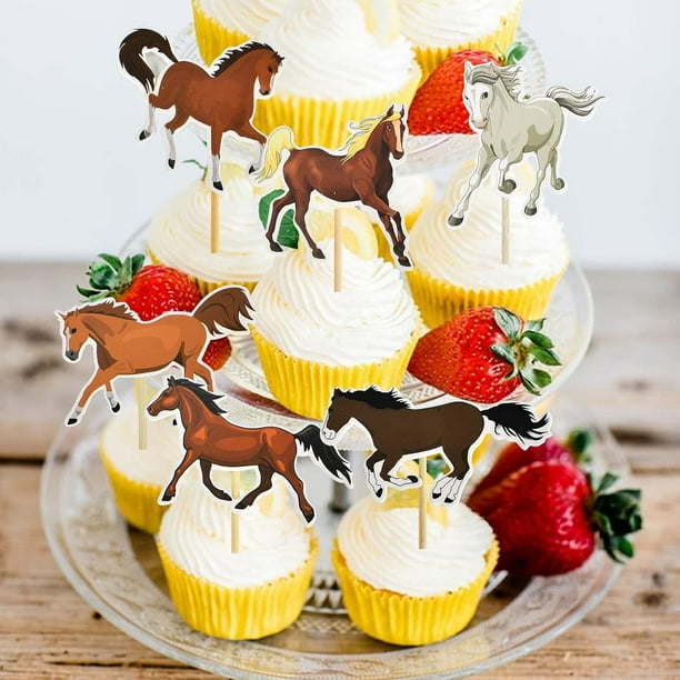 24Pcs Horse Cupcake Toppers With Glitter | Horse Racing & Equestrian Theme Party Decorations For Birthday, Baby Shower