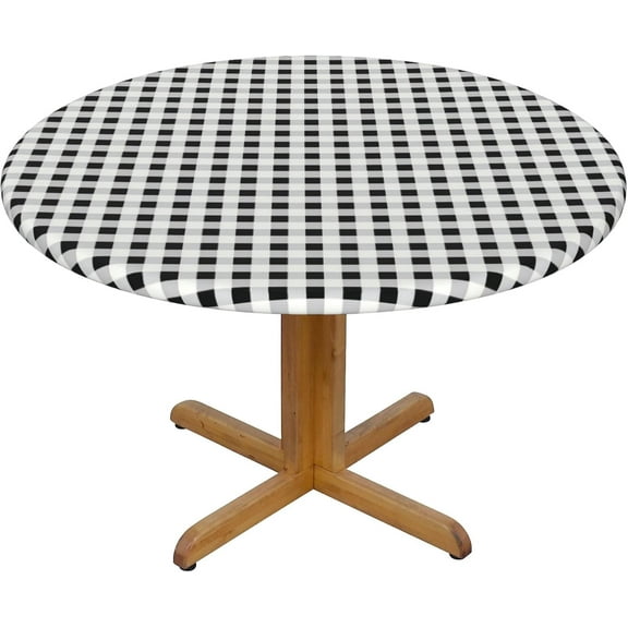 Round Fitted Tablecloth 44 Inch, White Buffalo Plaid Elastic Fitted Round Table Cover Tablecloth Fitted Water and Stain Resistant Table Cloths Fabric Tablecloth for Buffet Table, Holiday Dinner