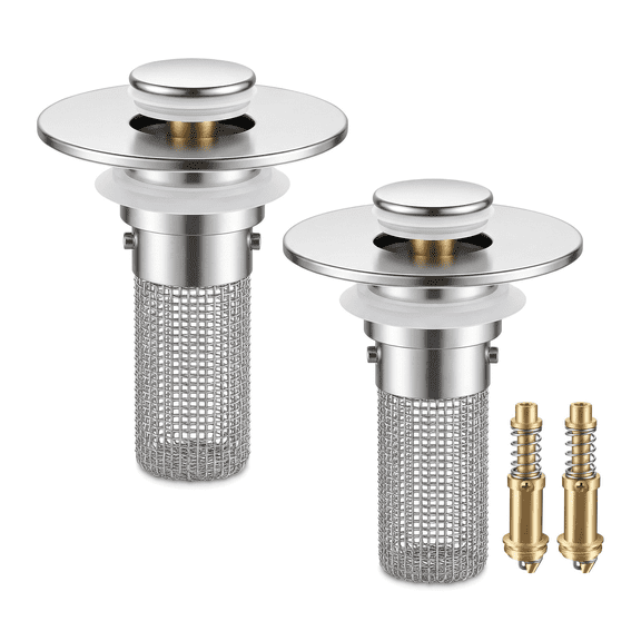 Bathroom Sink Drain Strainer - 2 Pack Pop-Up Stopper with Removable Stainless Steel Hair Catcher, Universal Fit for Sinks, Bathtubs, and Floor Drains