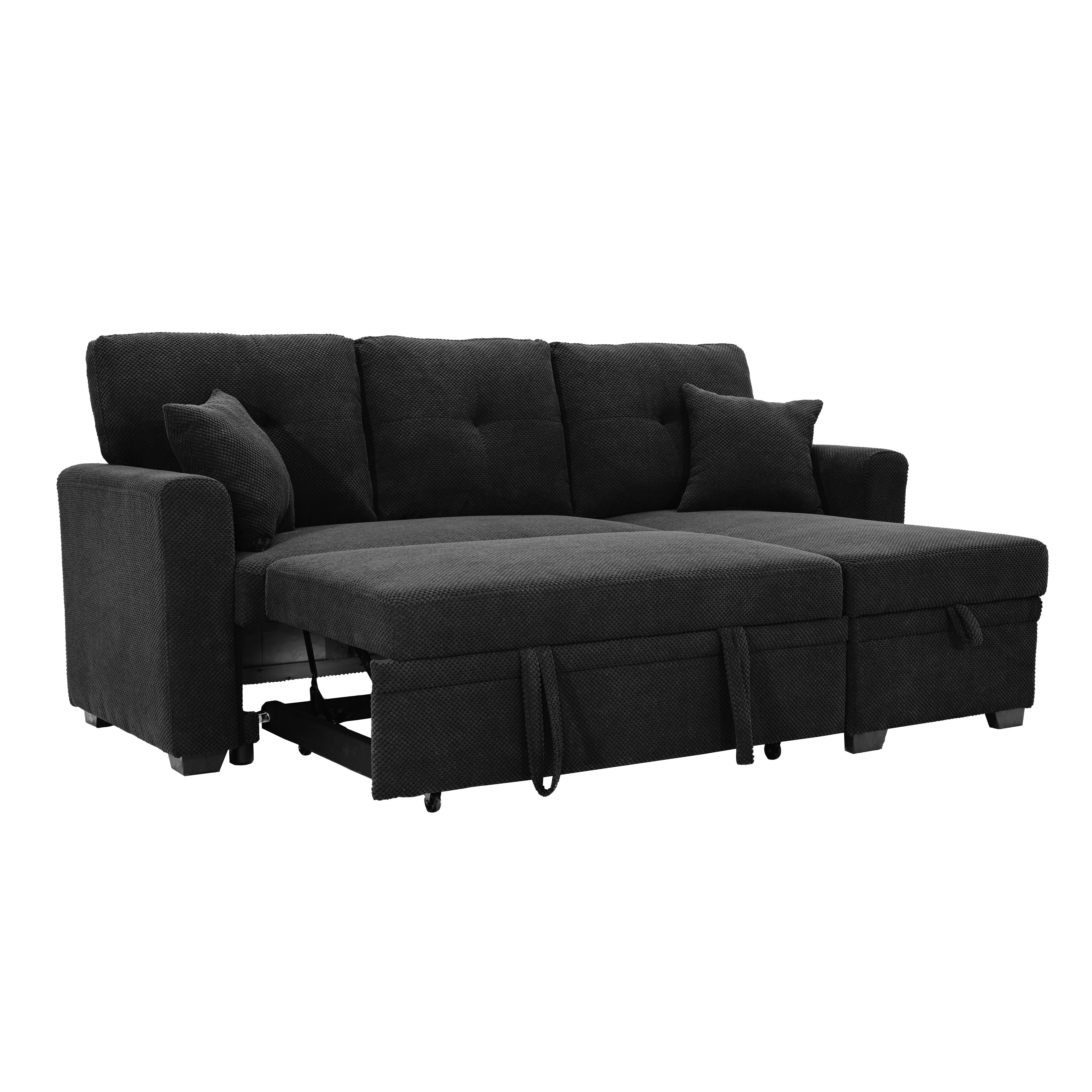 MAYEERTY L‑Shaped Sleeper Sectional Sofa, Convertible Pull‑Out Bed with Reversible Storage Chaise, Dark Gray Breathable Polyester Fabric for Small Living Spaces