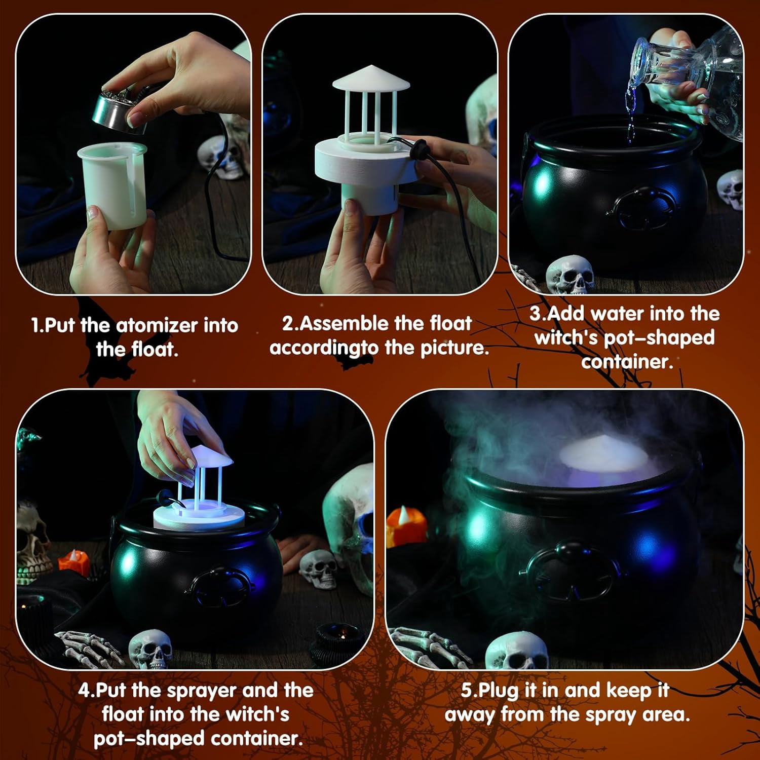 Halloween Witches Cauldron 8 Plastic Smoking Cauldron Punch Bowl Decorations with Handle Mist Maker Fogger 12 LED Lights Fog Machine Atomizer Large Smoking Pot for Indoor Outdoor Parties