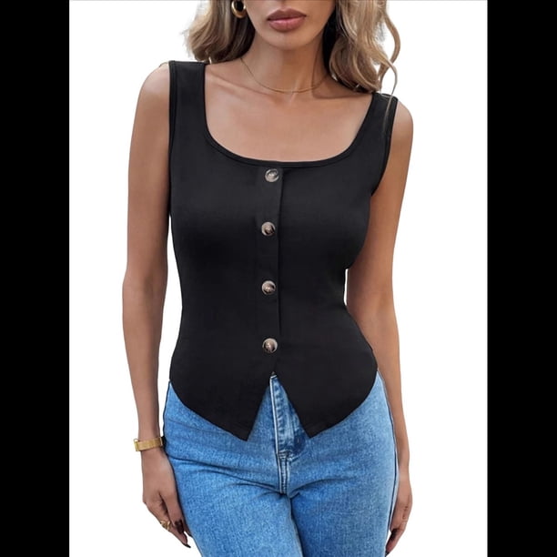 Camisetas Sin Mangas para Mujer, Corte Entallado, Cuello Cuadrado, Sin Mangas, Dobladillo con Abertura, Camisetas Básicas Informales de Verano. Negro M