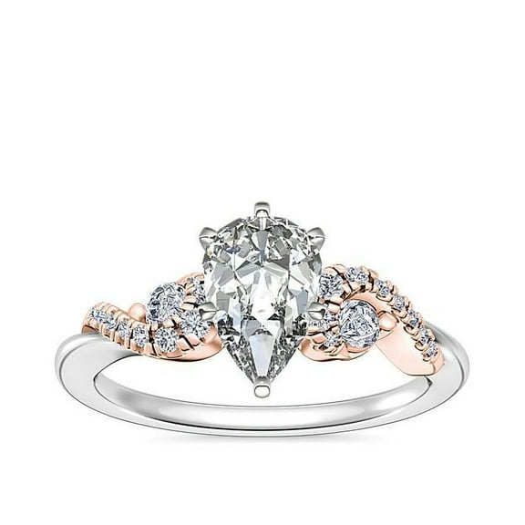 0.70 Carat Two-Tone Unique Solitaire with Accents Pear Natural Diamond Ring for Engagement Solid 14K White Gold Size 7