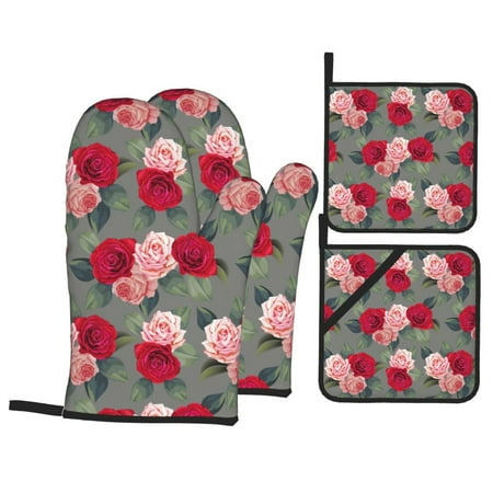 

Oven Mitts and Pot Holders Sets 4 pcs - Red Pink Rose Flowers Heat Resistant Silicone Oven Gloves with Non-Slip Silicone Surface and hot pads for kitchen Baking Cooking BBQ