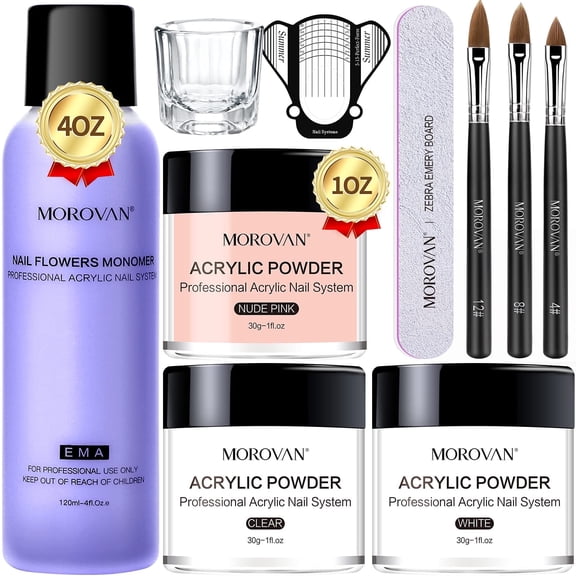 Morovan Acrylic Nail Kit: Clear White Nude Pink Acrylic Powder and Liquid Set Professional Nails Kit for Home DIY