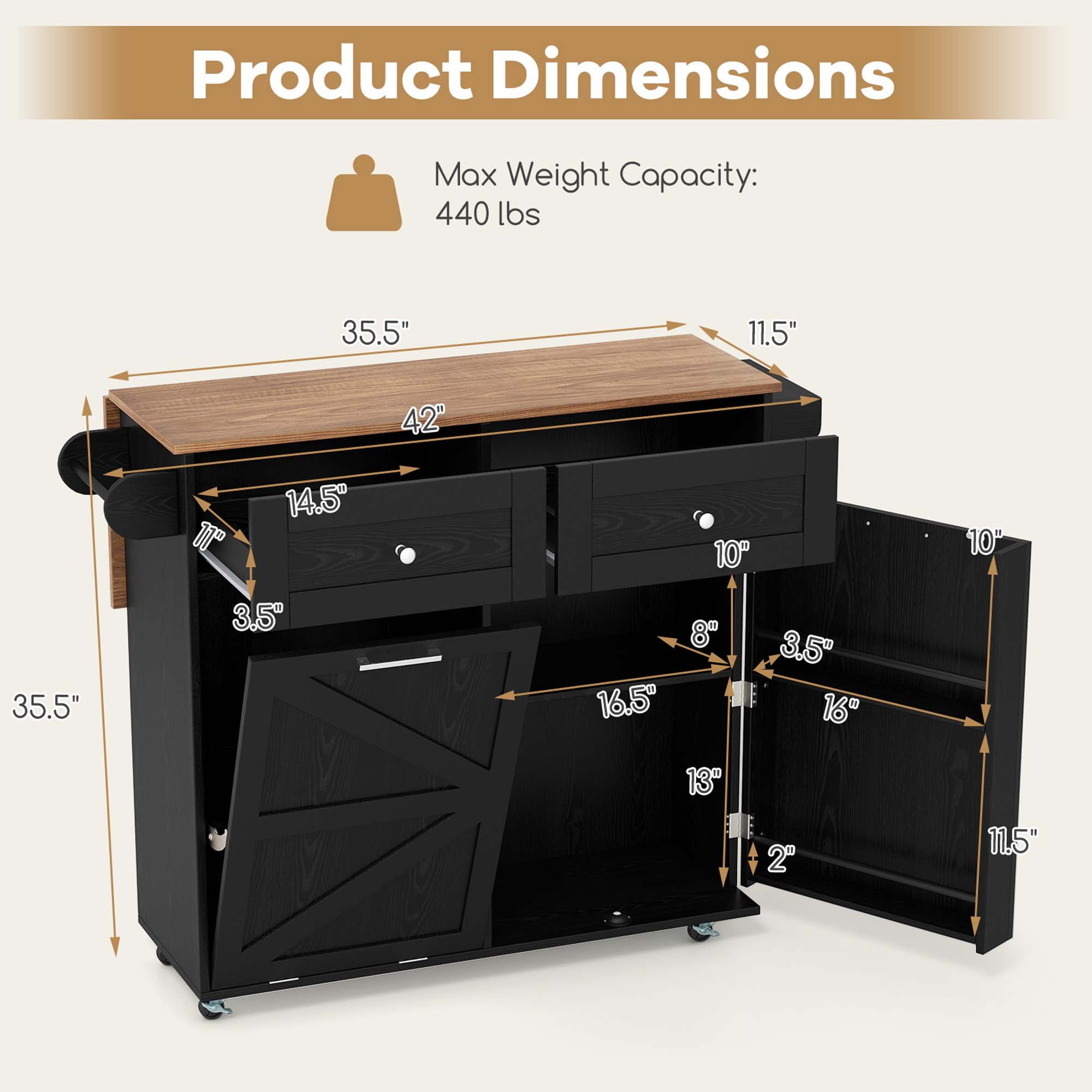 Costway Rolling Kitchen Island Kitchen Island Cart with Drop Leaf Trash Can Cabinet Black