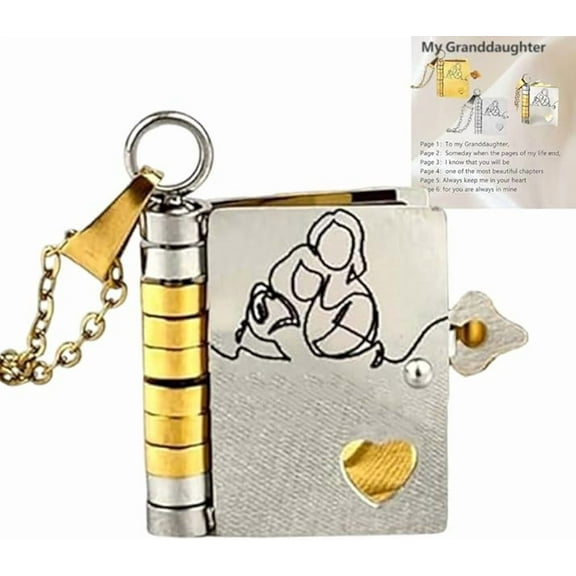 For Granddaughter - The Most Beautiful Chapter Book Necklace,Granddaughter Gifts from Grandma,Adjustable 925 Sterling Silver Book Pendant Granddaughter Necklace,with 6 Pages Engraved Information(Gold)