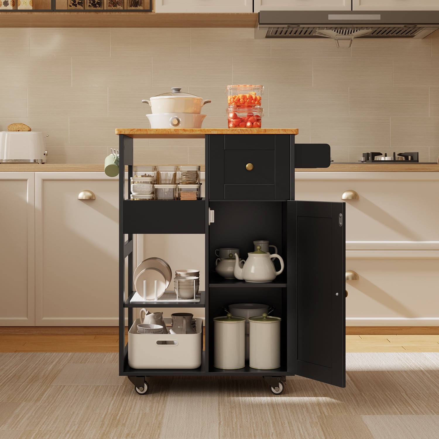 Kitchen Island Cart on Wheels, Asofer Bar Cart with Adjustable Shelf and Removable Tray for Dining Room, Black