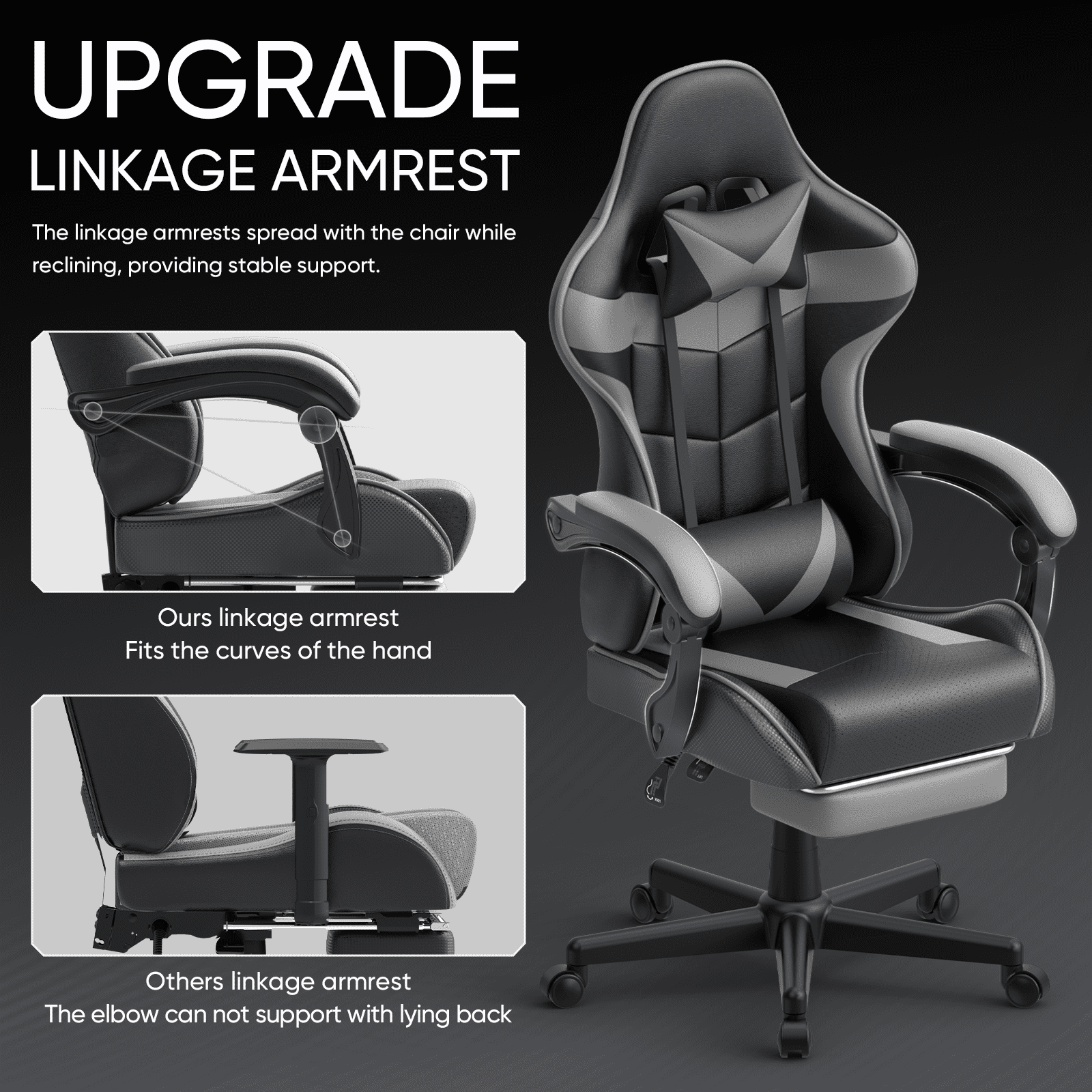 Soontrans Ergonomic Leather Gaming Chair with Lumbar Support and Headrest, Gray