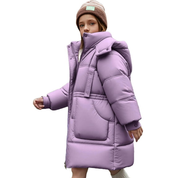 CYRBOKO Puffer Jackets for Girls, Mid-length Full Zip Casual Thermal Winter Outerwear Purple Size 7-8 T