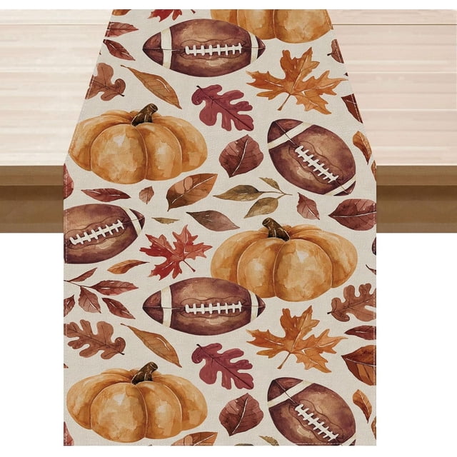 Fall Football Maple Leaf Pumpkin Table Runner Autumn Table Decoration for Home Kitchen Indoor Holiday Decor 13x48 Inch