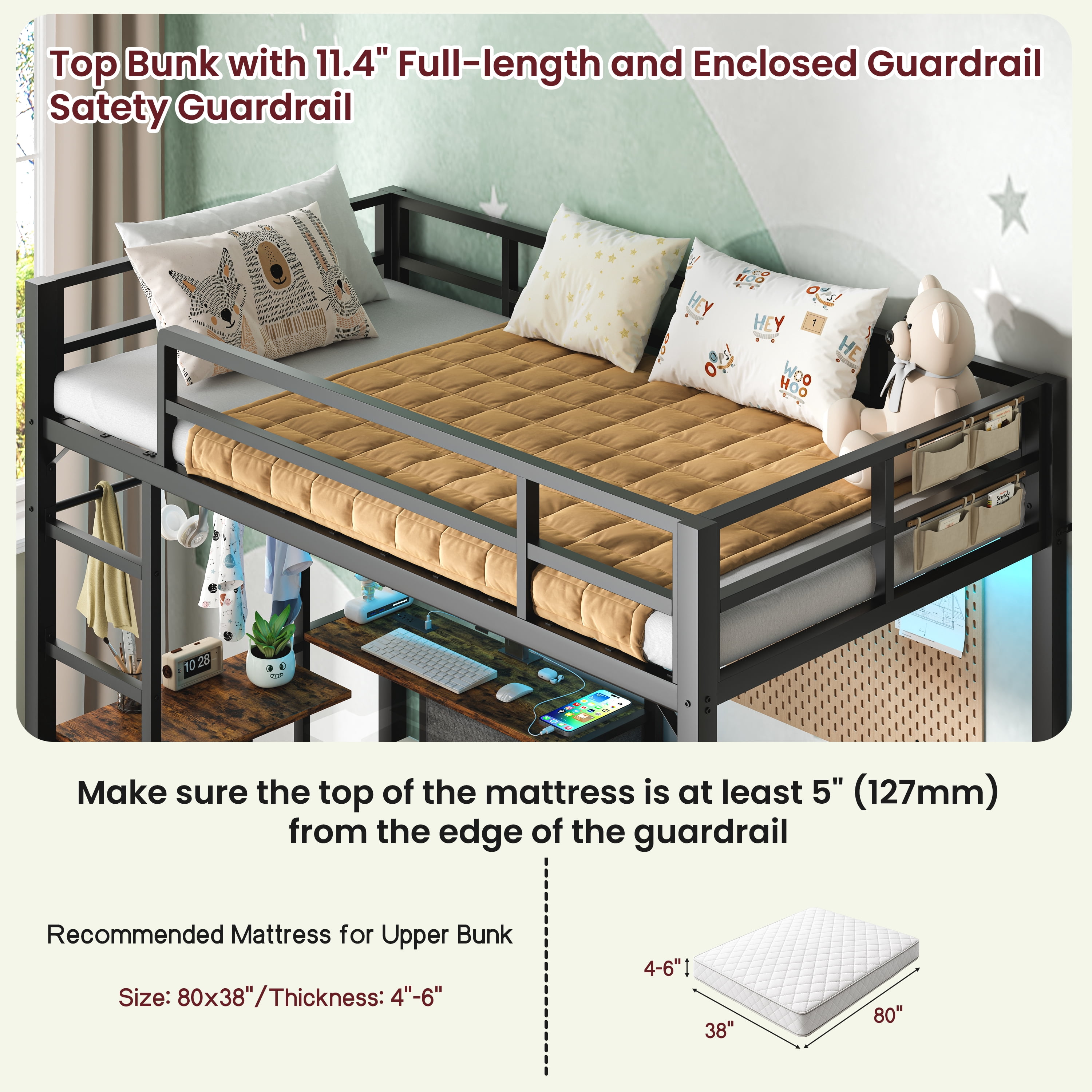 Bunk Bed with Folding Table & 3 Storage Drawers, Twin Over Twin Metal Bunk Bed with Safety Rails & Ladder, Space-Saving for All Ages, Multi-Functional, Black