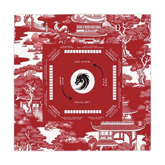 Dark Red Mahjong mat, Chinoiserie Design, Chinoiserie Style Tablecloth, size 55.1" by 55.1", Mahjong Chinoiserie tabletop with instructions