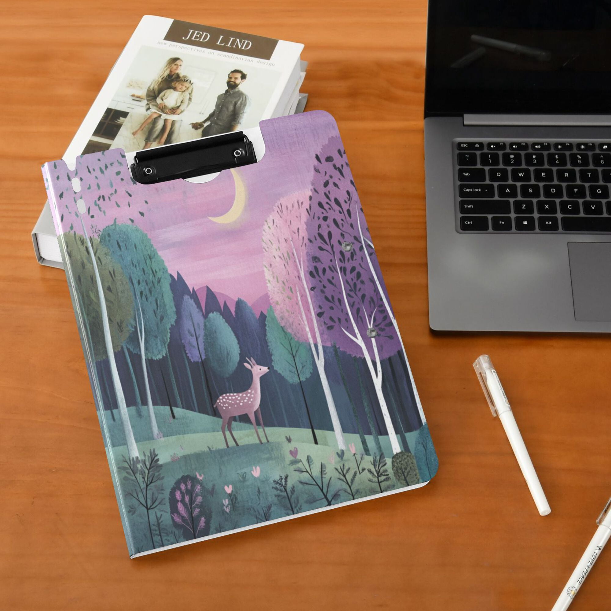 FORMRS A4 Clipboard Folder with Pen Holder Horizontal Foldable School Office Binder, Green Night Deer