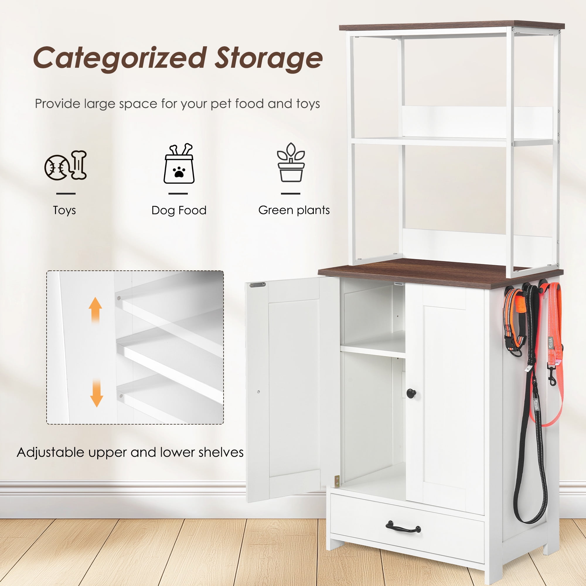 Tall Dog Feeding Station with 2-Level Storage Shelves and 2 Dog Bowls, Pet Feeder Cabinet with Pull-Out Drawer and Side Hooks, Dog Food Organizer for Cats and Dogs, White