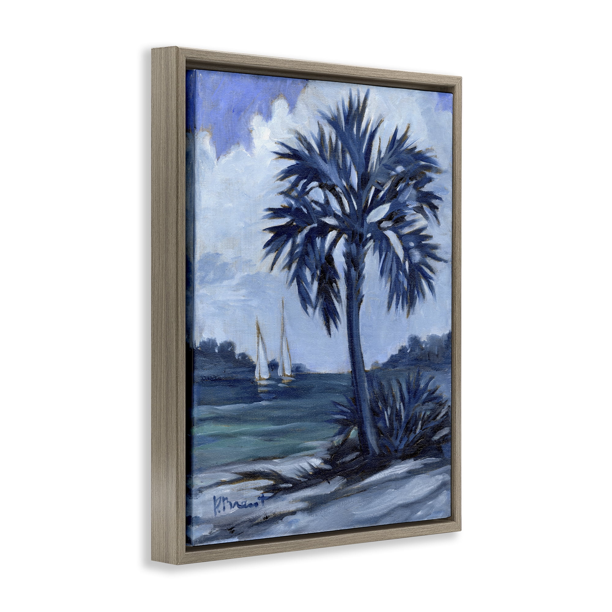 Stupell Industries Blue Palm Impressions Landscape & Nature Painting Brown Floater Framed Canvas Art Print Wall Art, 17 x 21