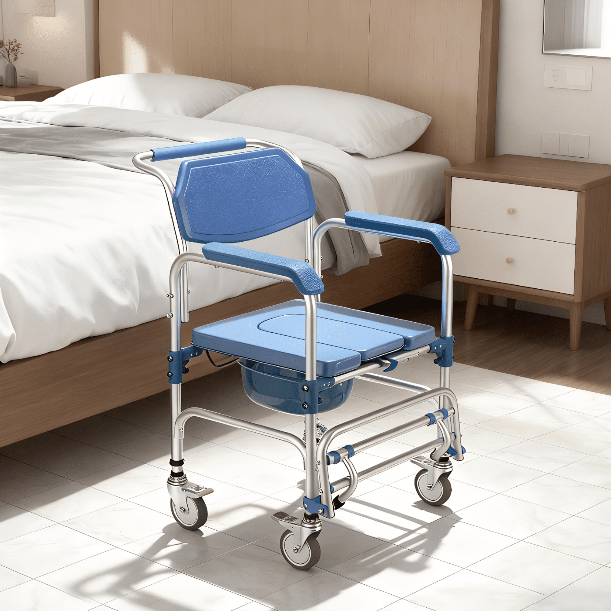 Qunbio Rolling Shower Chair, 330 lbs Load Bedside Commode w/Casters and Padded Seat, Rolling Transport Chair Lockable Wheelchair Bedside Toilet Seat