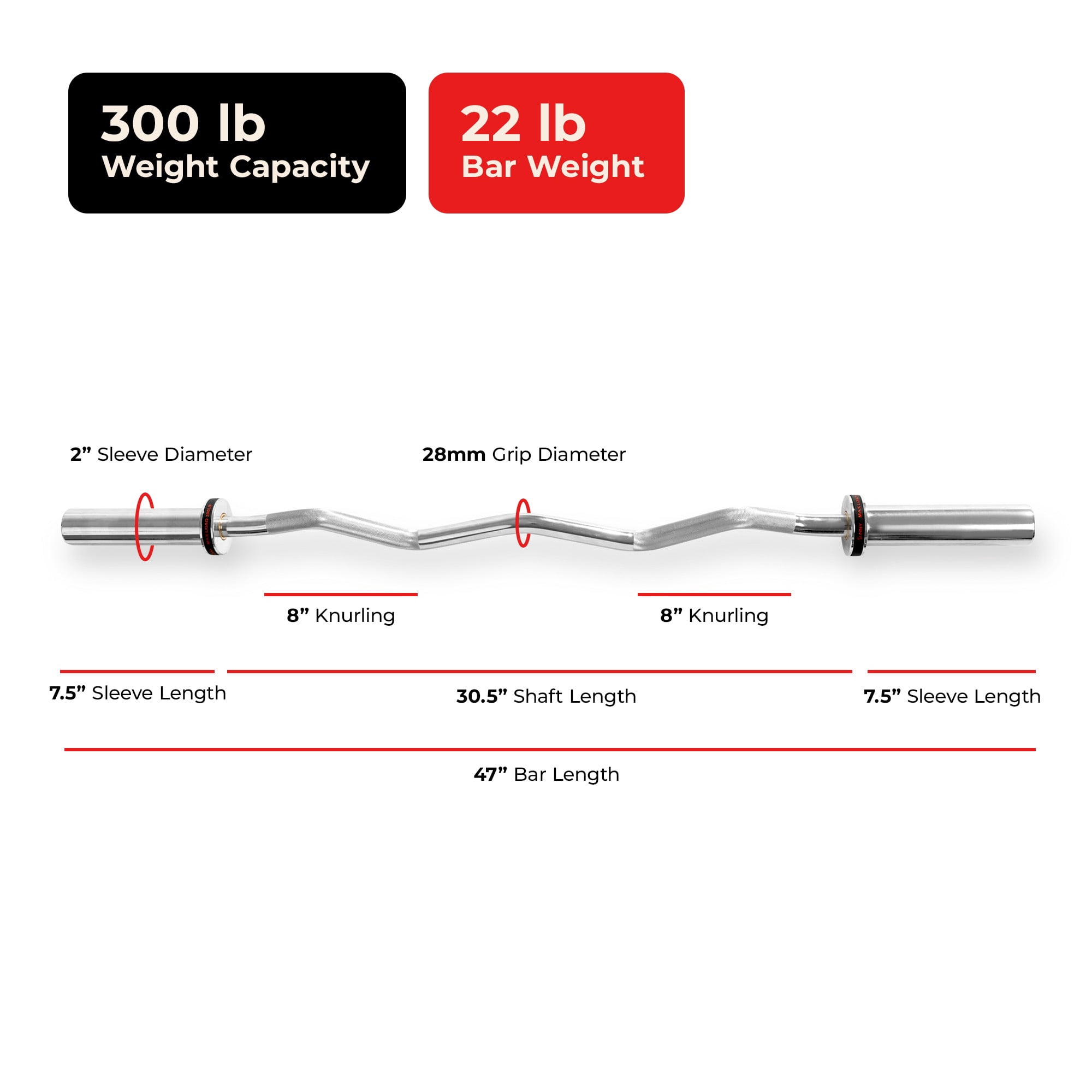 Sunny Health & Fitness 47” Olympic EZ Curl Bar with Ring Collars - SF-OB03-47